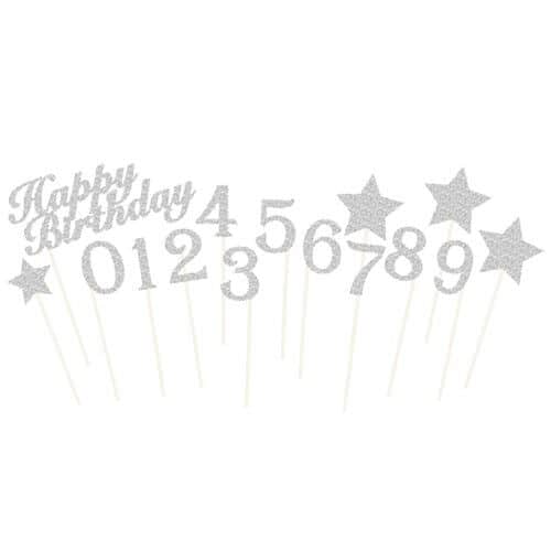 ערכת קישוט לעוגה כסף- טופר מספרים + happy birthday